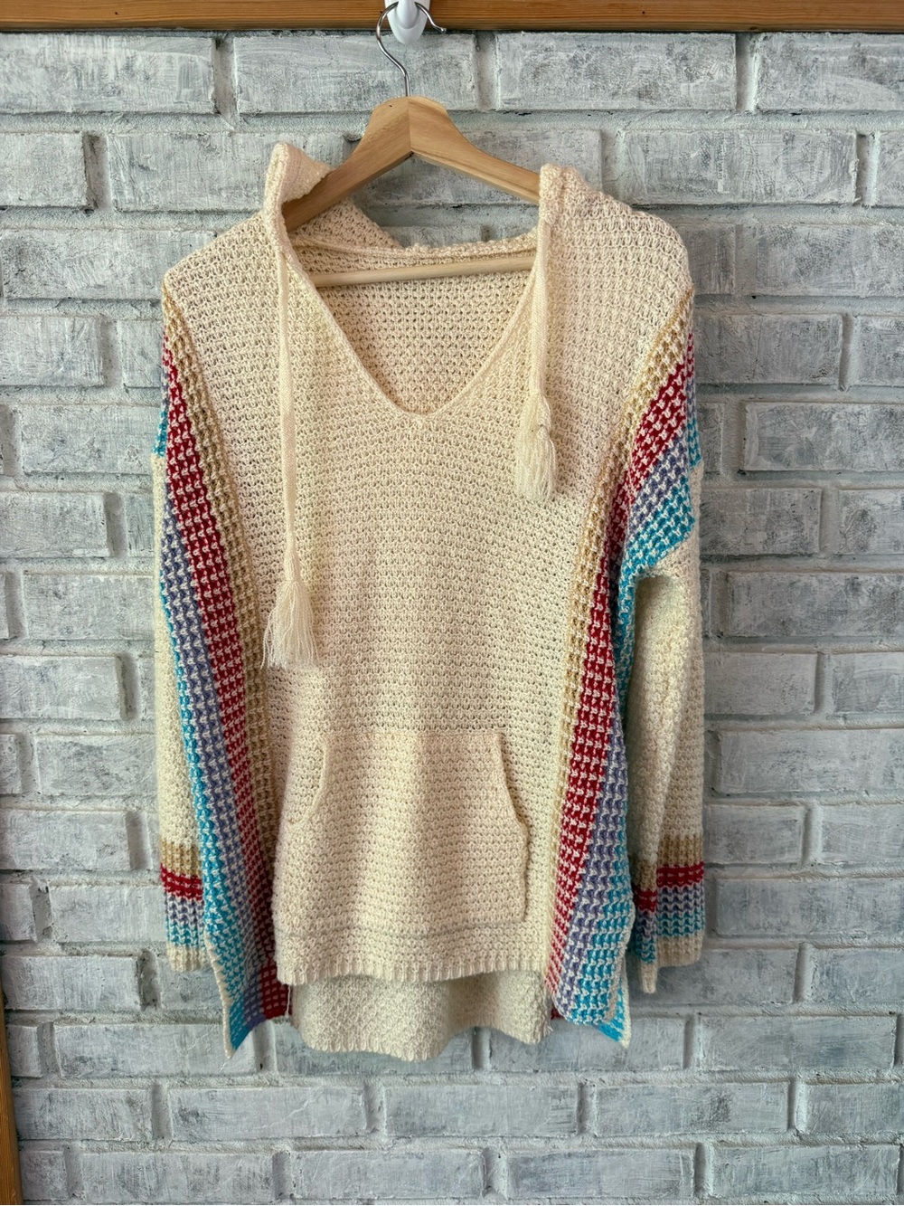 Cream V-Neck Hooded Sweater with Multicolor Stripe Sleeves